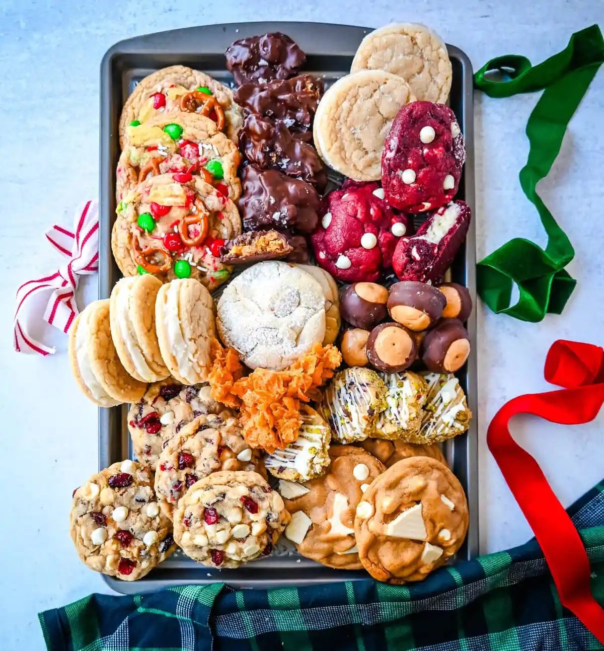 Christmas Cookie Box. Christmas cookies on a baking tray.