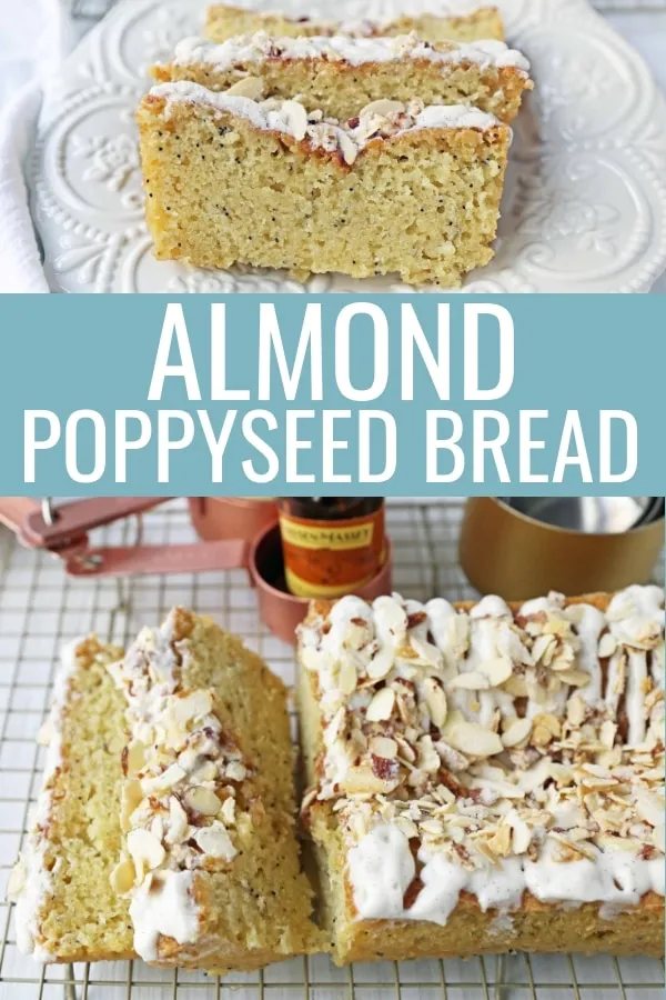 Almond Poppyseed Bread. Soft and moist poppyseed bread with vanilla bean almond glaze and candied almonds. The perfect poppyseed bread recipe. www.modernhoney.com #poppyseedbread #almondbread #quickbread