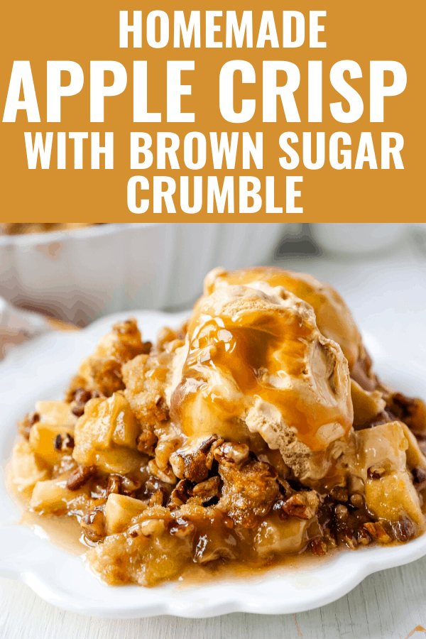 Apple Crisp. A classic Fall dessert made with sweet and tart apples and a homemade buttery brown sugar topping. This Apple Crisp recipe is made with freshly chopped sweetened apples with a handcrafted brown sugar crumble. It is a warm comforting dessert topped with vanilla bean ice cream and salted caramel. www.modernhoney.com #applecrisp #appledesserts #appledessert #dessert