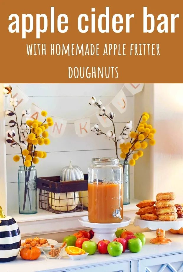 DIY Apple Cider Bar and Homemade Apple Fritters Recipe. Fall entertaining made easy with an apple cider bar with toppings. www.modernhoney.com #applecider #fallentertaining #appleciderbar #applefritters #donutbar #doughnutbar