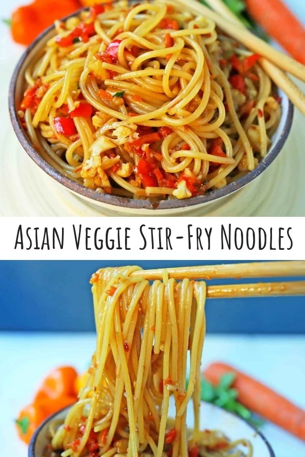 Asian Vegetable Stir-Fry Noodles. Healthy fresh vegetables in a homemade stir-fry sauce tossed with noodles. A quick and easy family dinner. 20-minute Asian Garlic Noodles Recipe. www.modernhoney.com #asiannoodles #garlicnoodles #stirfry #veggiestirfry #asianfood