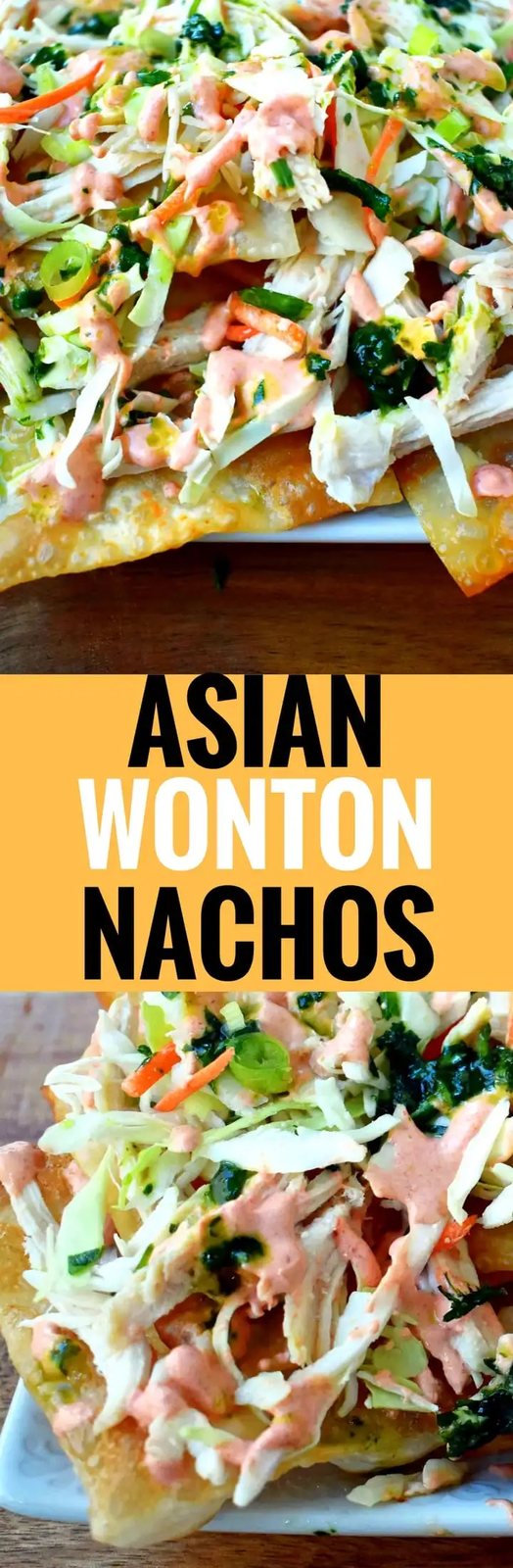 Asian Wonton Chicken Nachos made with homemade fried wontons, pulled chicken, sriracha cream sauce, cabbage mix, and a sweet cilantro lime sauce. An Asian influenced appetizer using fried wontons instead of chips. Amazing! www.modernhoney.com