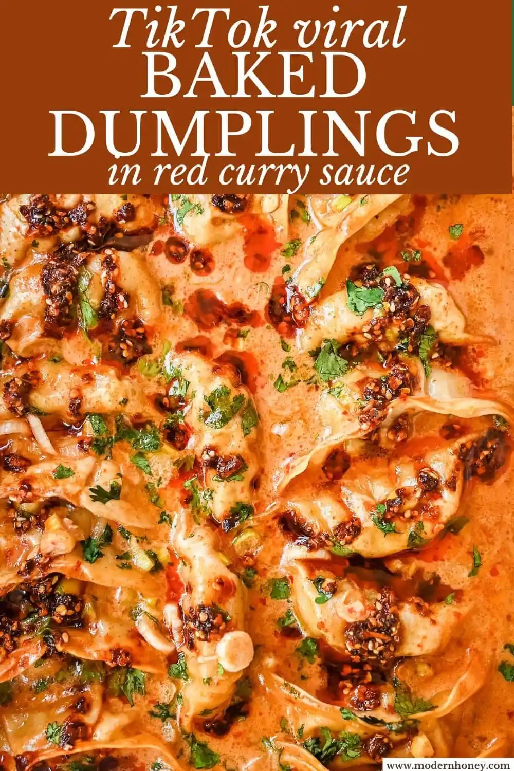 These viral baked dumplings from TikTok are the ultimate easy dinner hack! Crispy dumplings are baked in a creamy coconut curry sauce and topped with cilantro, chili crunch oil, and sesame seeds for the perfect mix of flavor and texture. This is an easy sheet pan dinner recipe!