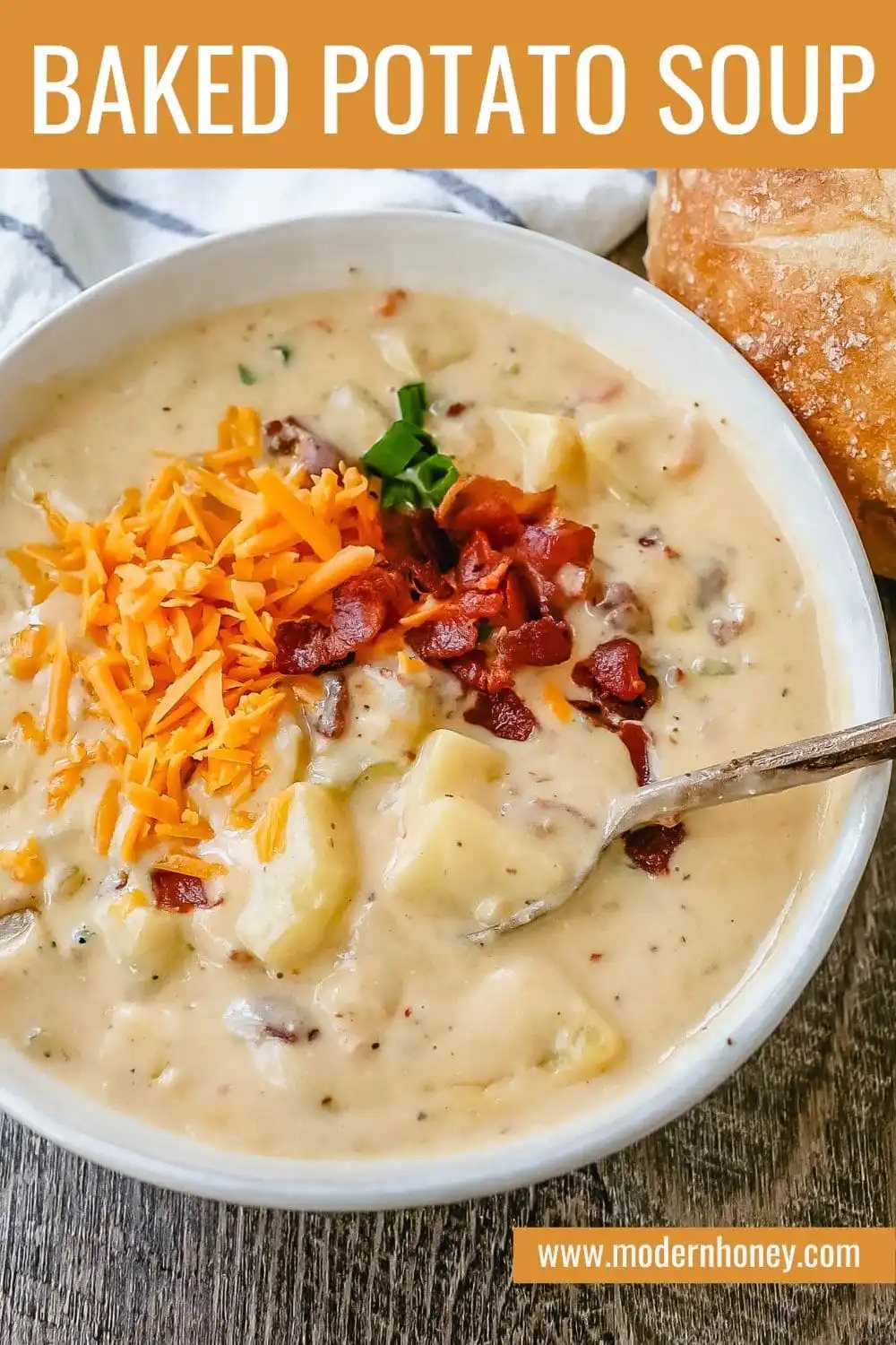 Loaded Baked Potato Soup is a rich and creamy potato cheese soup topped with crispy bacon, sour cream, green onions, and sharp cheddar cheese. A family favorite potato cheese soup recipe!