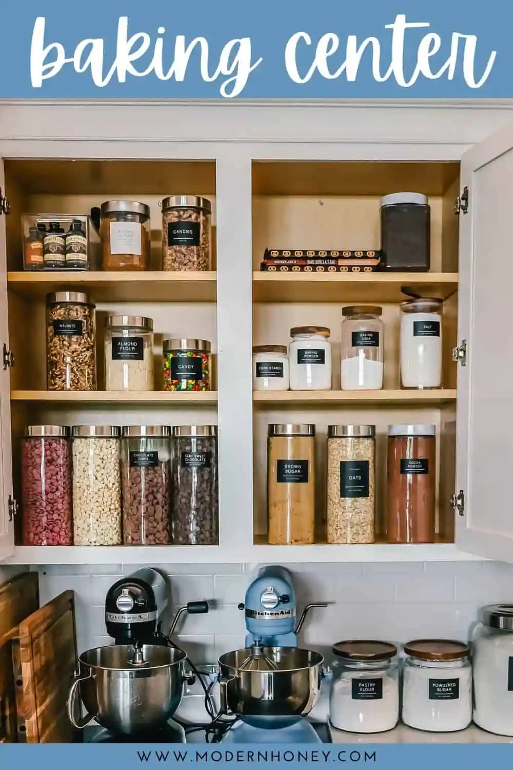 Kitchen Baking Supplies Organization. How to organize a baking center so all of your baking ingredients and supplies are in one place. Tips for storing baking ingredients in jars and the best types of labels to use. This baking organization system makes it so much easier to bake since all of the ingredients are organized and in one place!