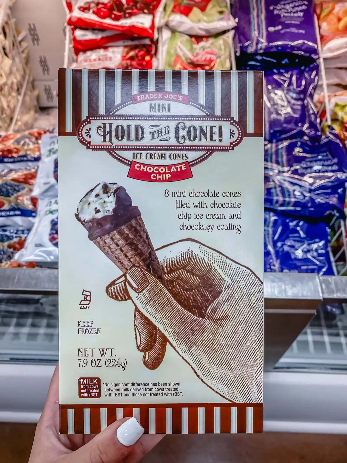Mini Chocolate Chip Ice Cream Cones covered in chocolate from Trader Joe's. The Best Foods to Buy at Trader Joe's.