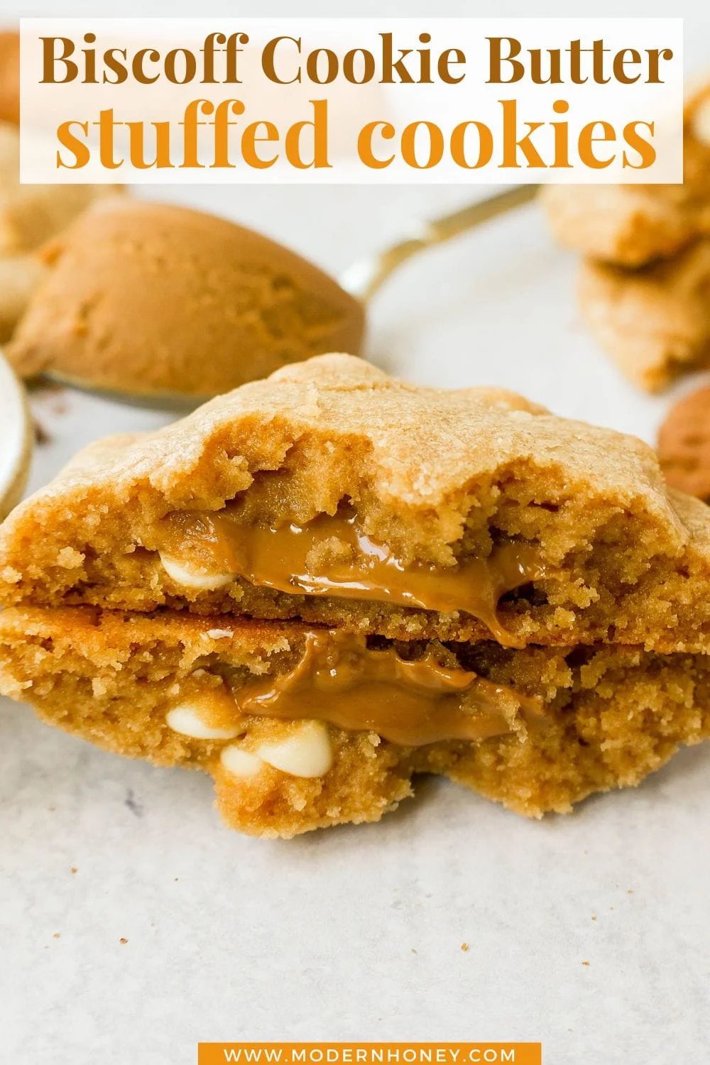 These Biscoff Cookies are filled with Biscoff cookie butter and white chocolate chips. You will love these soft, chewy cookies stuffed with caramelized cookie butter spread.