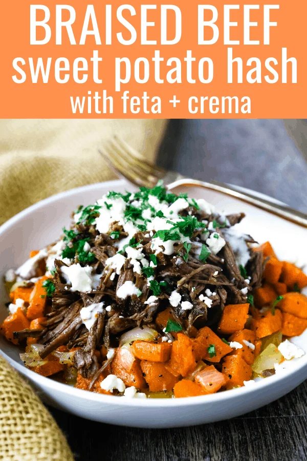 Braised Beef and Sweet Potato Hash Bowl. Tender braised beef on top of a sweet potato onion hash and topped with feta cheese and herbs. www.modernhoney.com #bowl #bowls #dinner