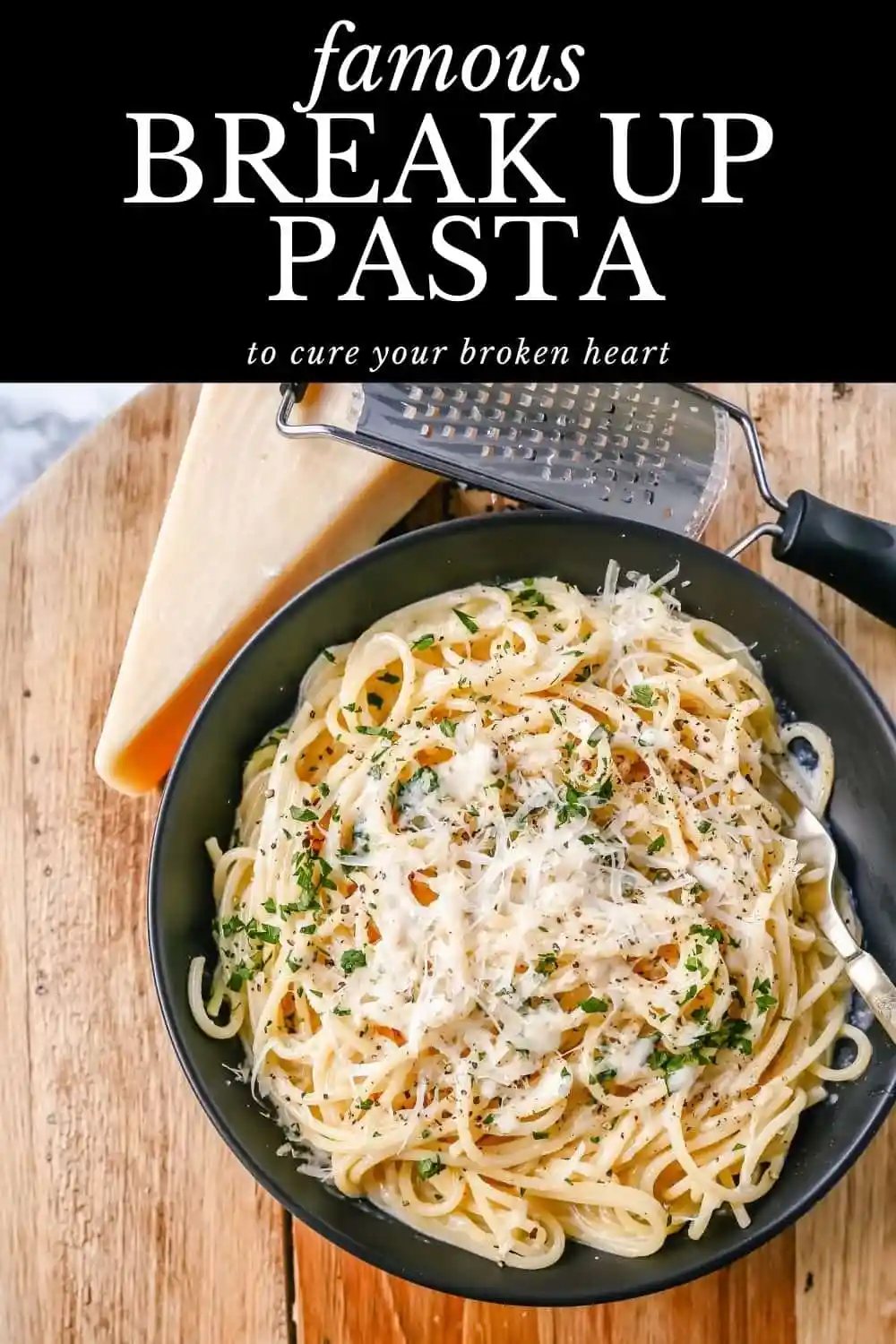 Break-Up Pasta is a creamy 3-Cheese Spaghetti Recipe made with butter, garlic, cream, broth, Italian cheeses, spices, and tossed in spaghetti. It is the best creamy spaghetti recipe known to help cure breakups!
