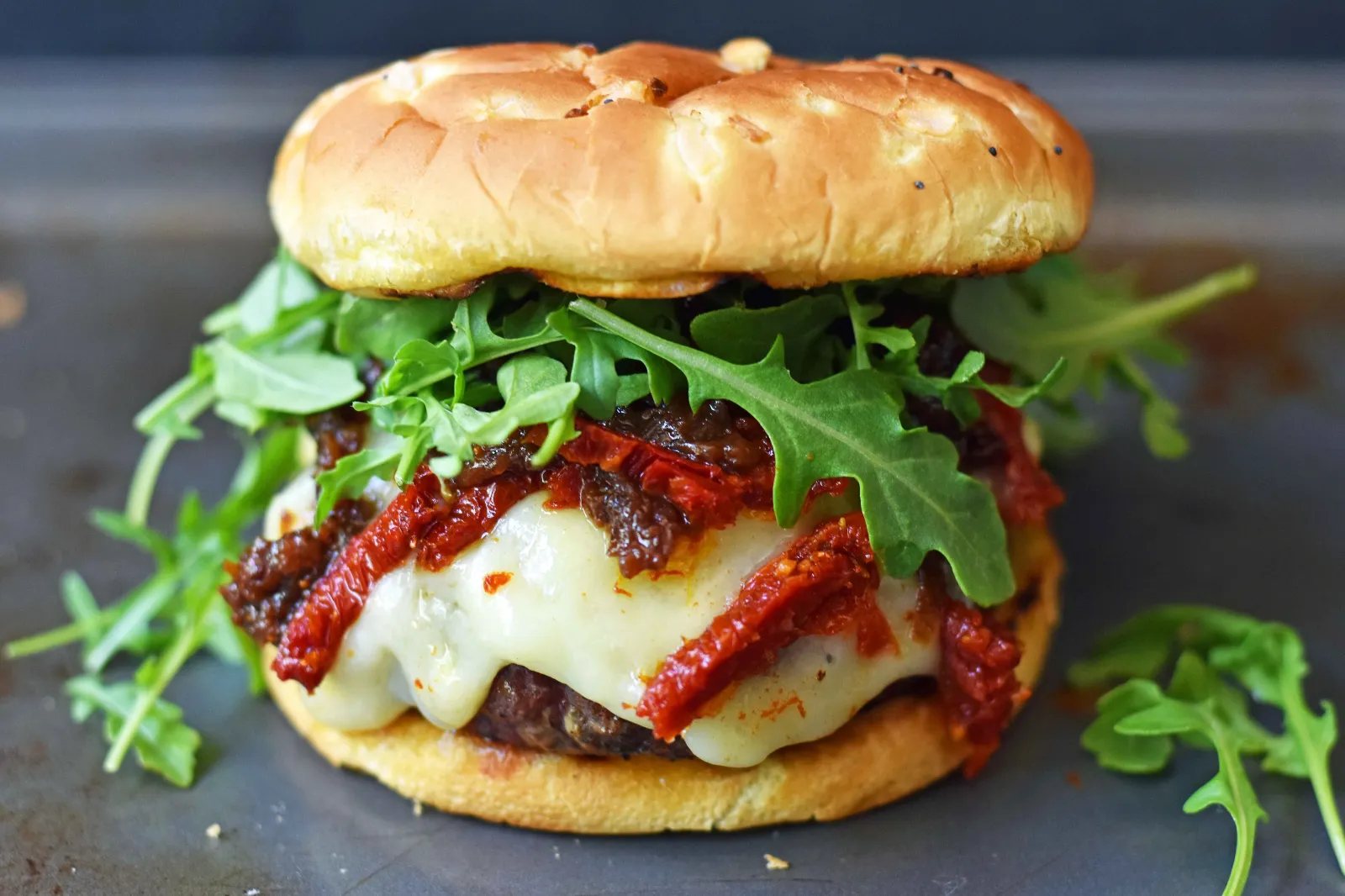 Brie Burger with Caramelized Onions and Sundried Tomatoes