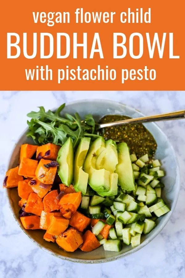 Buddha Bowl with Pistachio Pesto A healthy vegan bowl made with roasted sweet potatoes, onions, fresh avocado, cucumbers, arugula, quinoa, and homemade pistachio pesto. www.modernhoney.com #buddhabowl #vegan #vegetarian #flowerchild