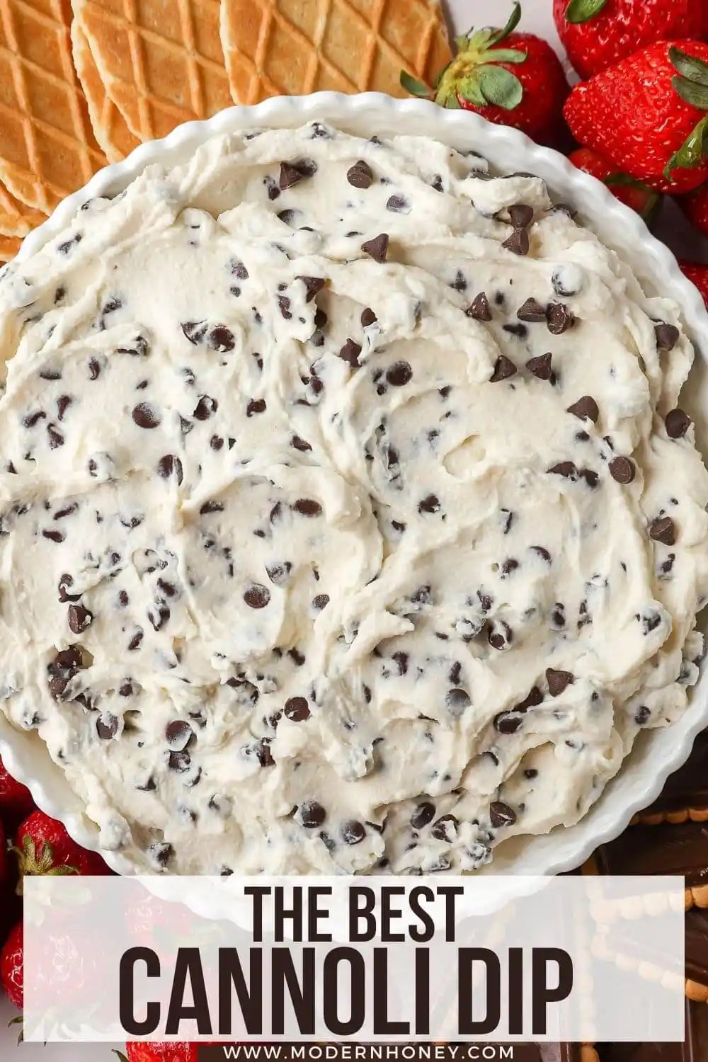 This is the Best Cannoli Dip Recipe made with ricotta cheese, mascarpone or cream cheese, powdered sugar, brown sugar, vanilla, and mini chocolate chips.