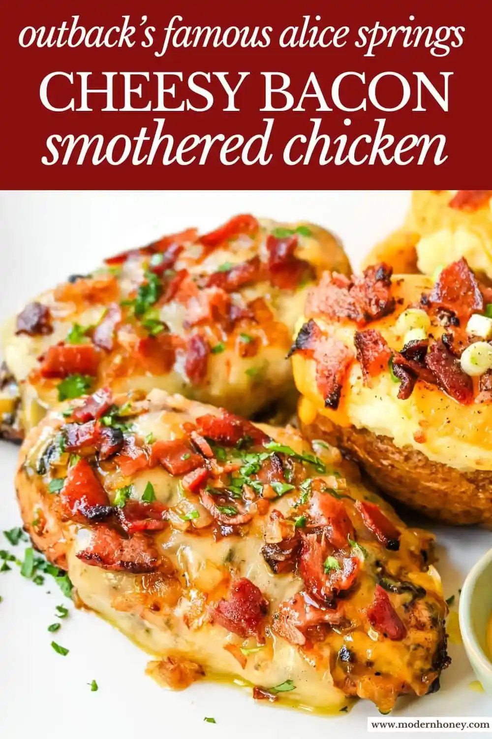 Cheesy Bacon Smothered Chicken. This juicy, marinated grilled chicken breast is smothered with honey mustard sauce, melted cheese, and crispy bacon. To make it extra flavorful, add caramelized onions or mushrooms. You may know this as the famous Alice Springs Chicken from Outback Steakhouse but you can make it at home.
