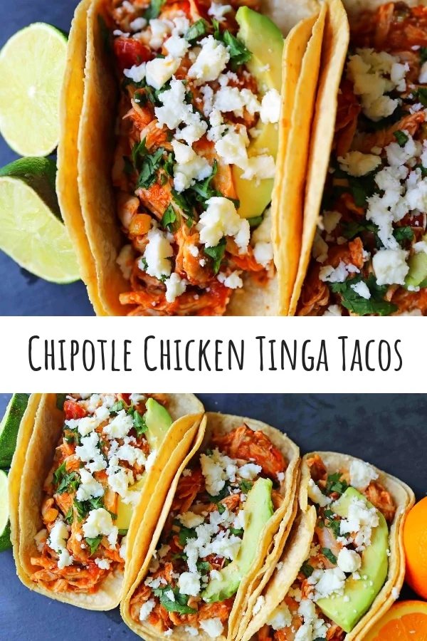 Chipotle Chicken Tinga Tacos. A simple, quick, and easy chicken taco recipe. One skillet chicken taco recipe. www.modernhoney.com #chickentinga #chipotlechicken #chickentacos #chickentingatacos