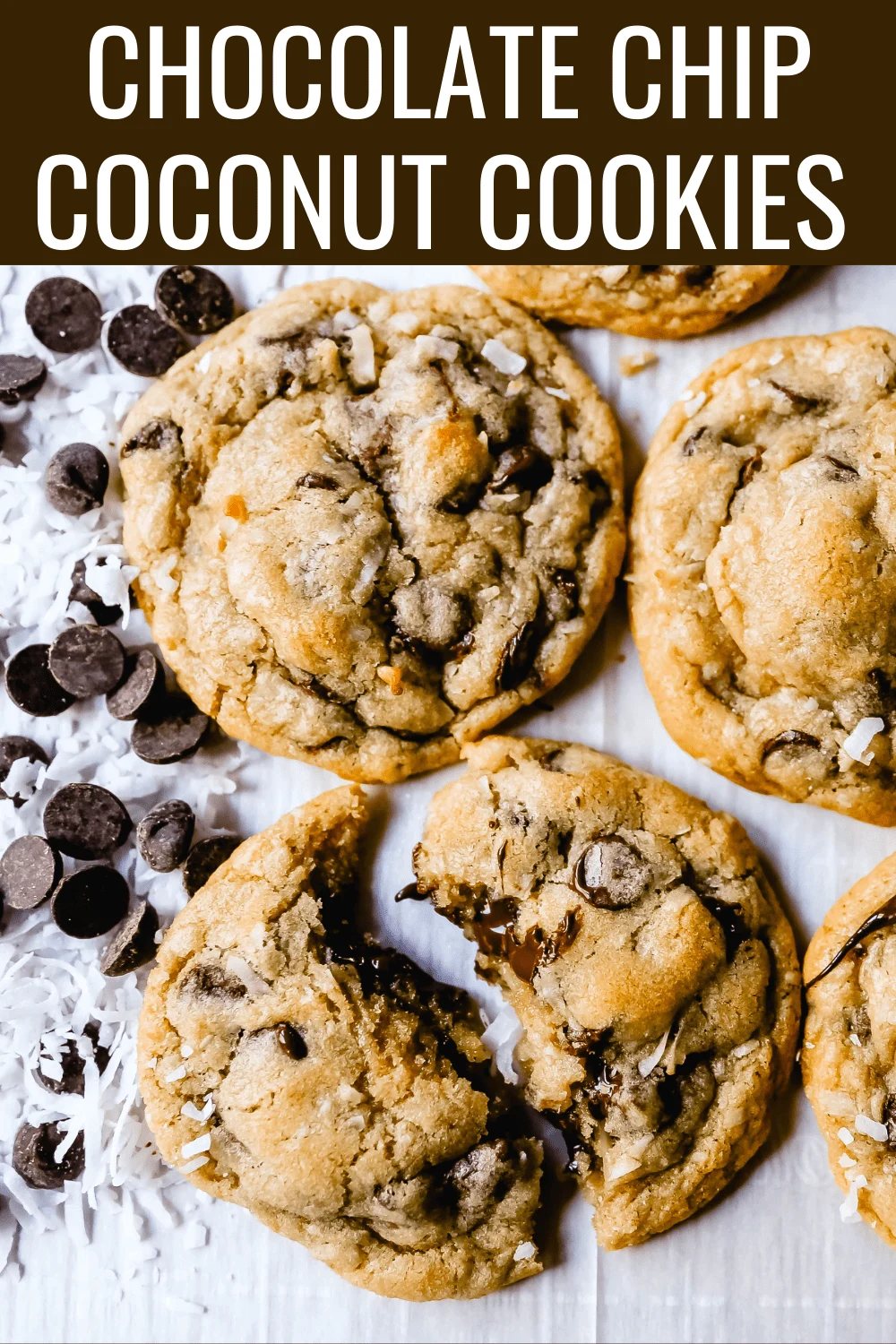 Chocolate Chip Coconut Cookies. Soft, chewy chocolate chip coconut cookies with semi-sweet chocolate and sweetened flaked coconut. The perfect chocolate coconut cookies! www.modernhoney.com #cookies #chocolate #chocolatechipcookie #chocolatechipcookies #chocolatechipcoconut