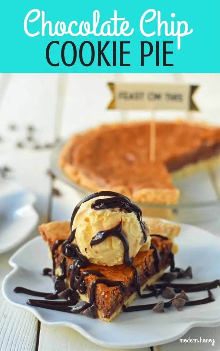 Chocolate Chip Cookie Pie with homemade chocolate chip cookie dough baked in a buttery flaky pie crust and topped with vanilla bean ice cream and hot fudge. The BEST Chocolate Chip Cookie Pie Recipe. www.modernhoney.com