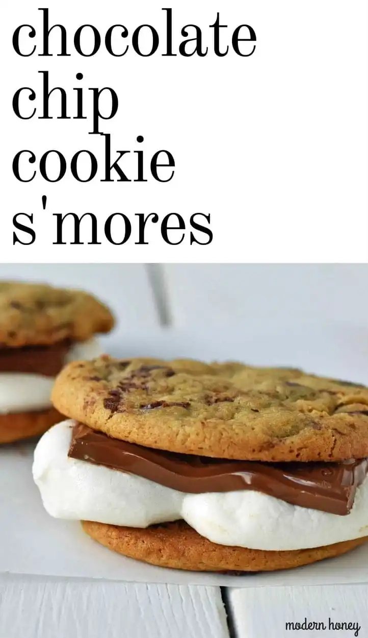 Chocolate Chip Cookie S'mores. Warm, homemade chocolate chip cookies sandwiched with melted toasted marshmallow and rich milk chocolate. The ultimate s'mores. www.modernhoney.com