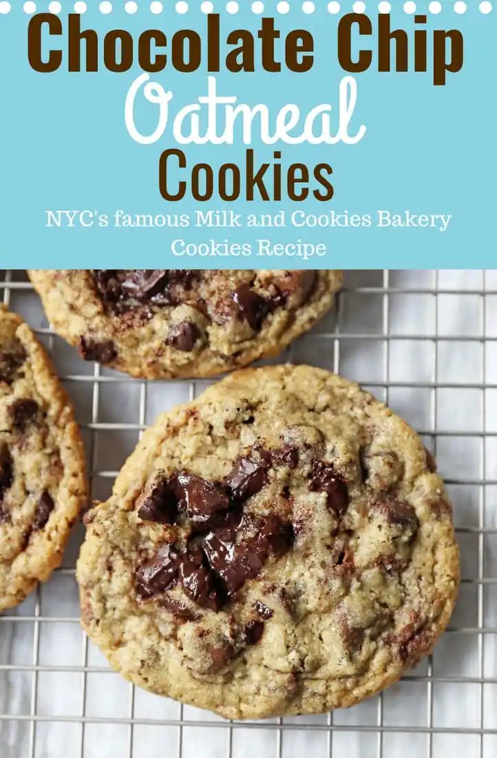 Chocolate Chip Oatmeal Cookies Recipe. Chocolate chip cookies with ground oatmeal have the perfect chewy, crispy texture. This NYC Milk and Cookies Bakery Copycat Cookie Recipe will become a favorite in no time at all! www.modernhoney.com #chocolatechipcookies #chocolatechipoatmealcookies