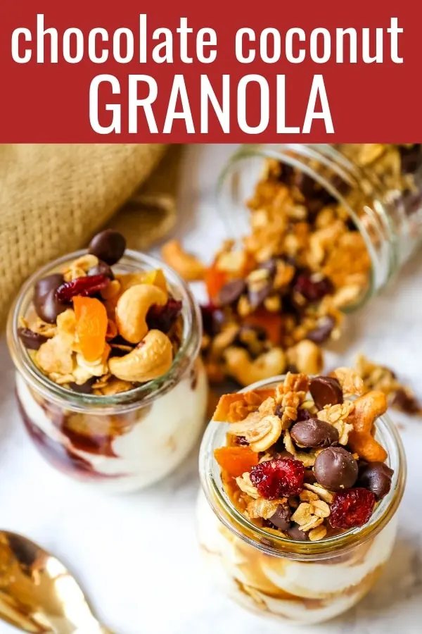 Chocolate Coconut Granola. A decadent chocolate coconut granola with cashews, dried cranberries, apricots, almonds, coconut flakes, and chocolate chips. The best Chocolate Coconut Granola Recipe. www.modernhoney.com #granola #chocolatecoconutgranola #granolarecipe