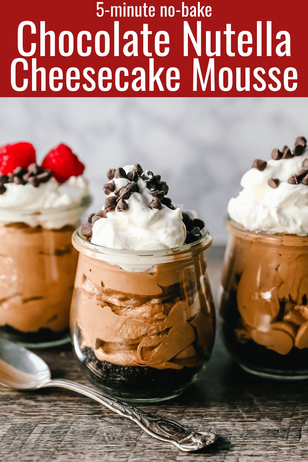 Chocolate Nutella Cheesecake Mousse No-Bake 5-Minute Chocolate Nutella Mousse made with only four ingredients -- Nutella, cream cheese, heavy cream, and powdered sugar. www.modernhoney.com #mousse #chocolatemousse #dessert