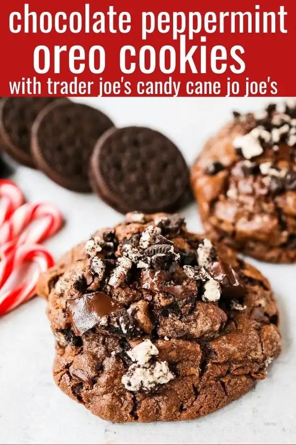 Chocolate Peppermint Candy Cane Oreo Cookies. The best chocolate peppermint cookies. Double chocolate cookies with Trader Joe's famous candy cane Joe Joe's Oreo cookies. www.modernhoney.com #chocolatecookies #chocolatepeppermint #chocolatemint #christmas #christmascookies #candycanes