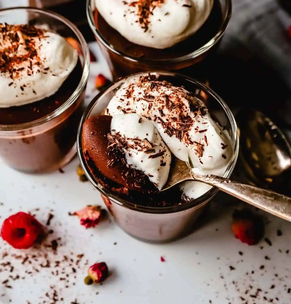 Chocolate Pot de Creme. Rich velvety smooth chocolate custard topped with fresh whipped cream. A pot of cream made with melted chocolate, heavy cream, sugar, and egg yolks. A decadent chocolate dessert!
