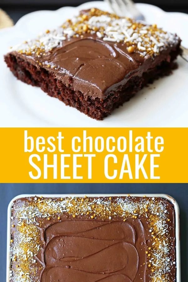 The Best Chocolate SHEET Cake with Milk Chocolate Frosting. Quick and easy homemade chocolate sheet cake recipe. www.modernhoney.com #chocolatesheetcake #sheetcake #chocolatesheetcakerecipe