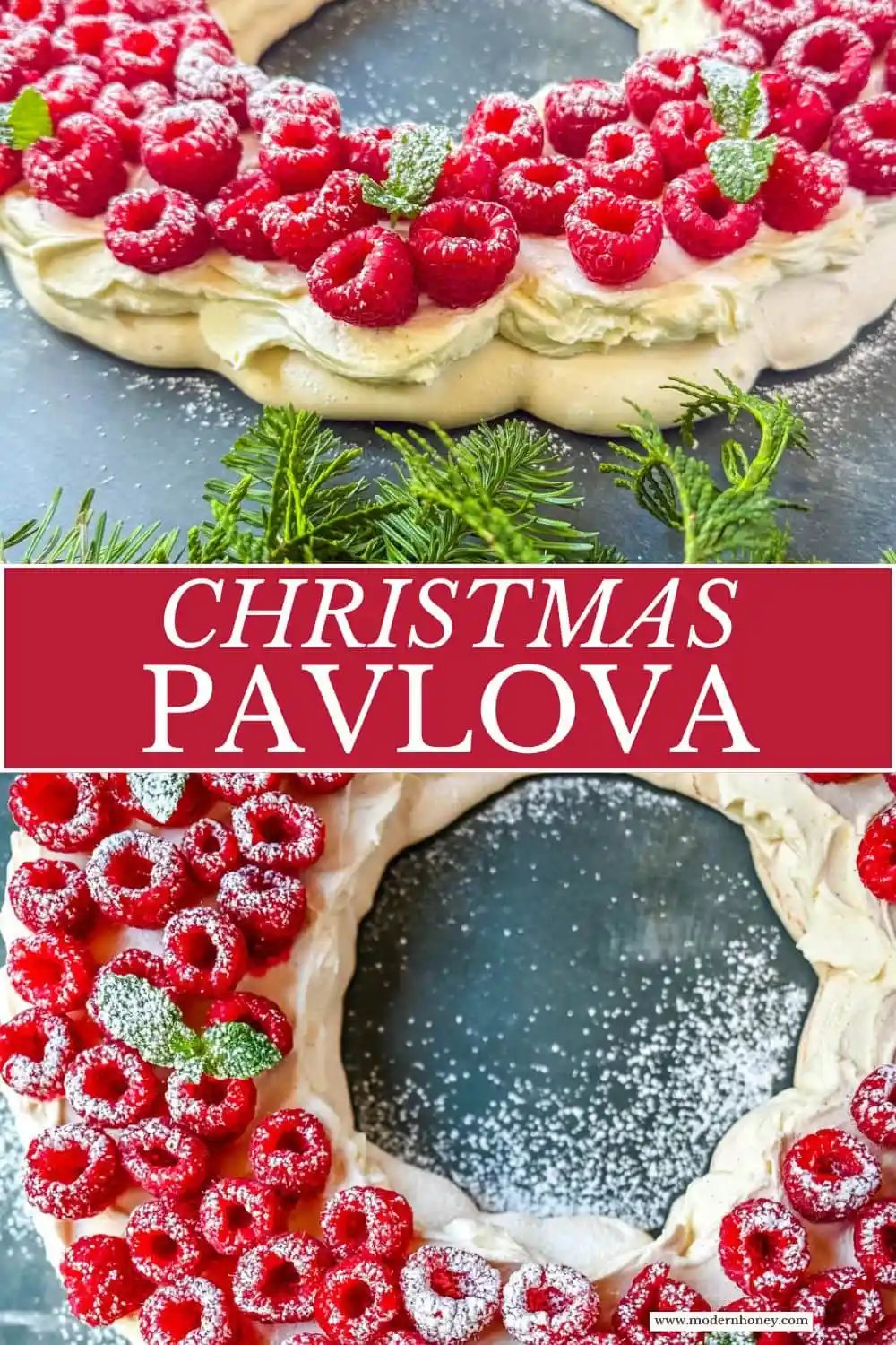This Christmas Pavlova is a show-stopping holiday dessert with a crisp meringue shell, marshmallow-soft center, and dreamy mascarpone whipped cream piled high with fresh raspberries. A gorgeous Christmas dessert that feels fancy but is actually foolproof.