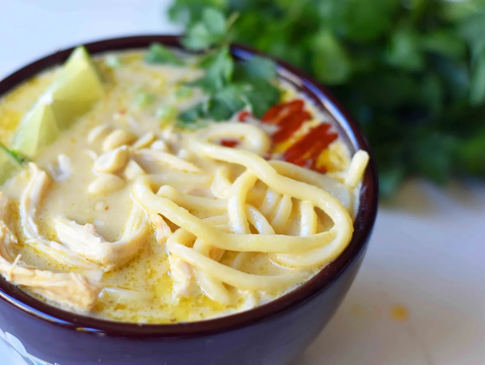 Coconut Curry Noodle Bowls. These Thai Curry Noodles are gluten-free and dairy-free and made in less than 30 minutes. A quick and easy 30-minute meal which is full of flavor. www.modernhoney.com