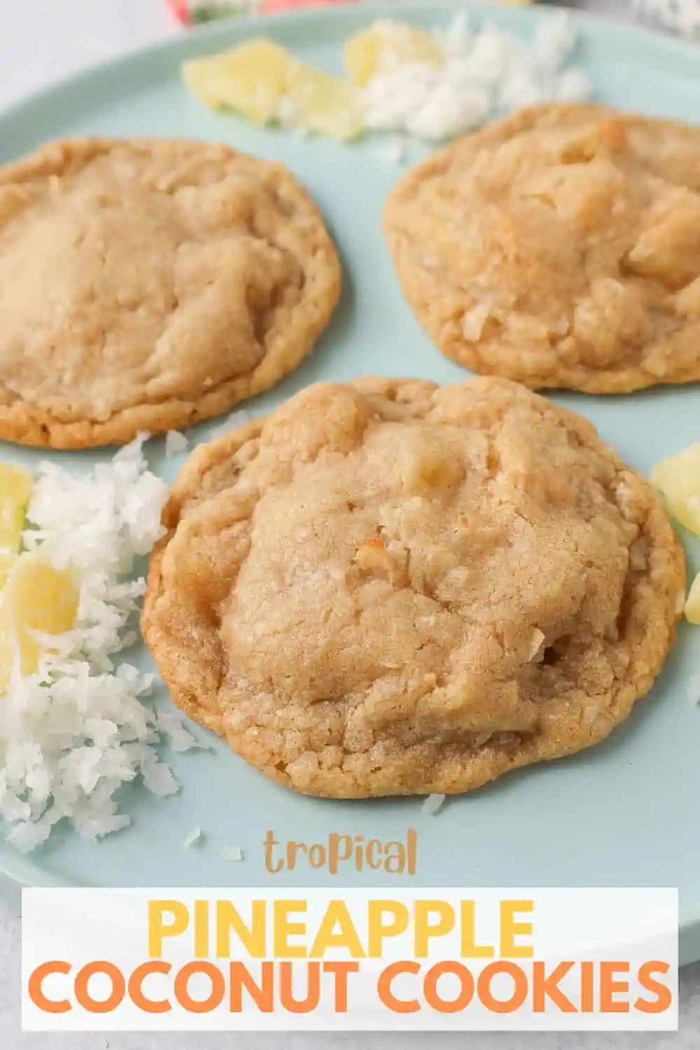 Coconut Pineapple Cookies. Soft chewy pina colada cookies with sweetened dried pineapple and sweet coconut flakes. These Hawaiian Pineapple Coconut Cookies are the perfect summer cookie.