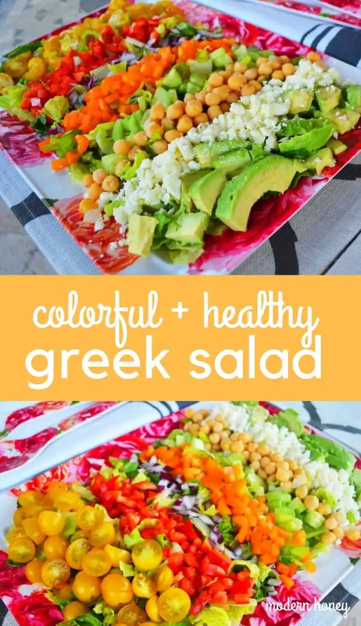 Color Me Pretty GREEK Salad Recipe. How to make a vibrant colorful healthy Greek salad. Fresh veggies, feta cheese, garbanazo beans, avocado tossed in a Greek vinaigrette dressing. A fresh and healthy Greek salad. www.modernhoney.com