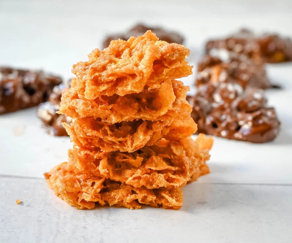 Cornflake Crack is a super easy treat made with only three ingredients -- cornflakes cereal, butter, and brown sugar—this quick treat bakes into a caramelized layer of goodness that’s perfect on its own or even better when dipped in melted chocolate. This can also be called Cornflake Crunch or Cornflake Candy.