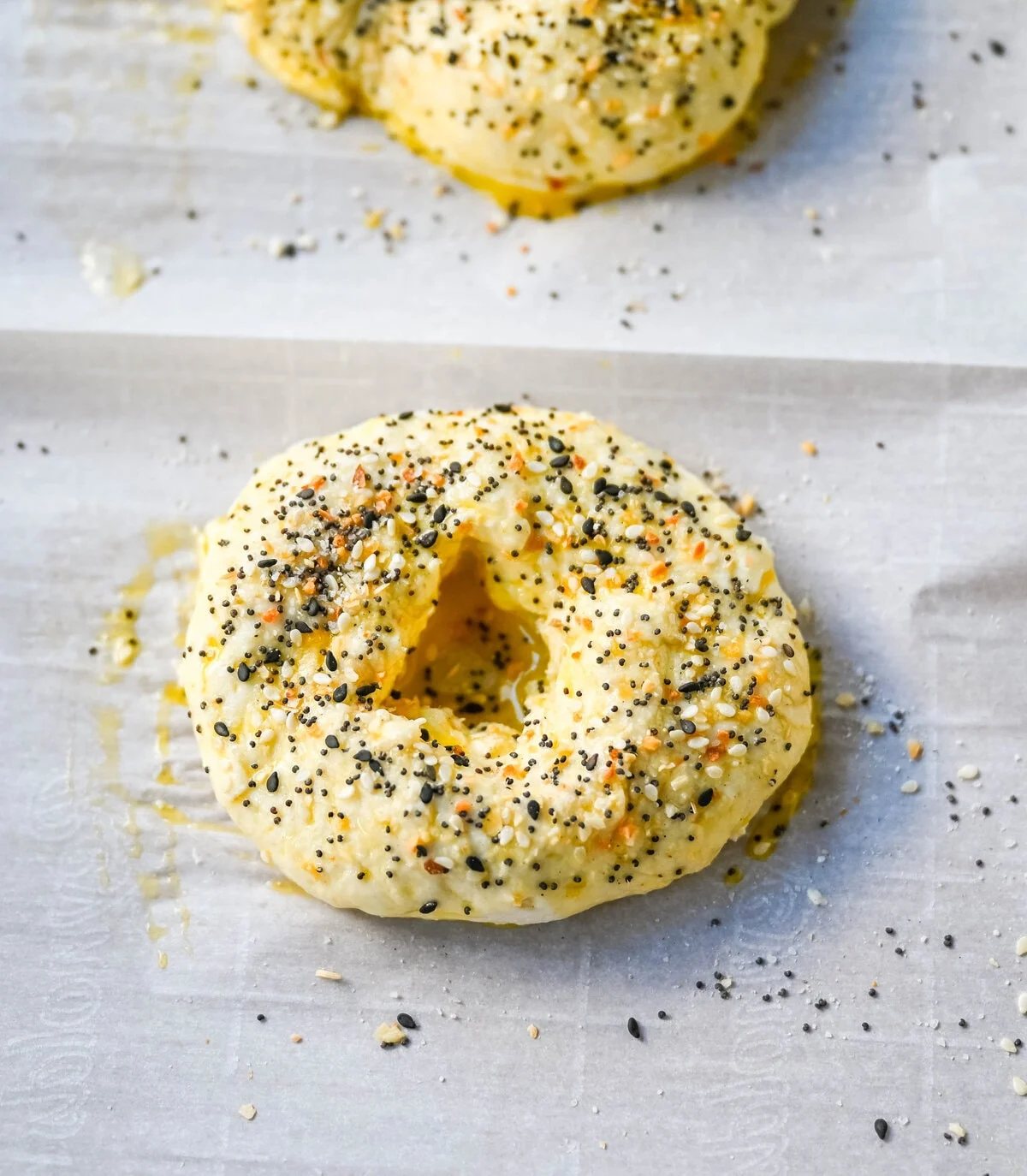 Cottage cheese protein bagels with egg wash and everything bagel seasoning