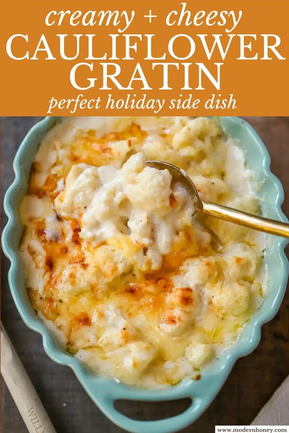 This easy creamy cauliflower gratin is the perfect cheesy side dish for Thanksgiving, Christmas, or any dinner. Made with Gruyère, sharp cheddar, and tender cauliflower, it’s a rich, flavorful, and easy side. The best baked cauliflower gratin!