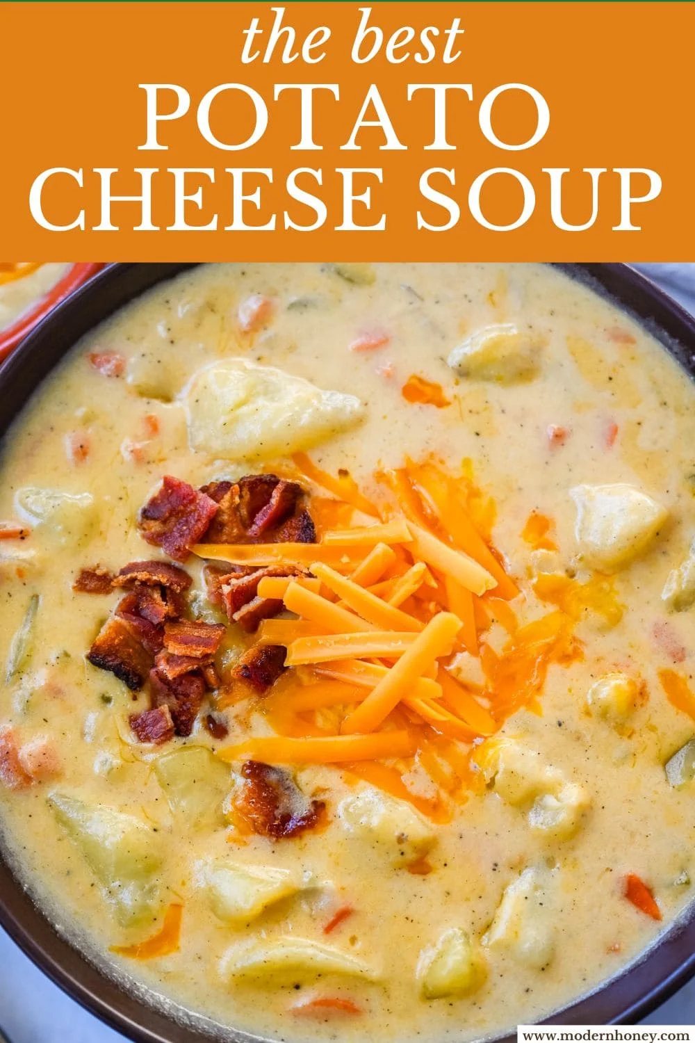 This creamy potato soup is the definition of comfort in a bowl made with buttery Yukon gold potatoes, crispy bacon, cheddar cheese, and a splash of heavy cream come together to make the richest, coziest soup ever. You will love this Potato Cheese Soup Recipe!