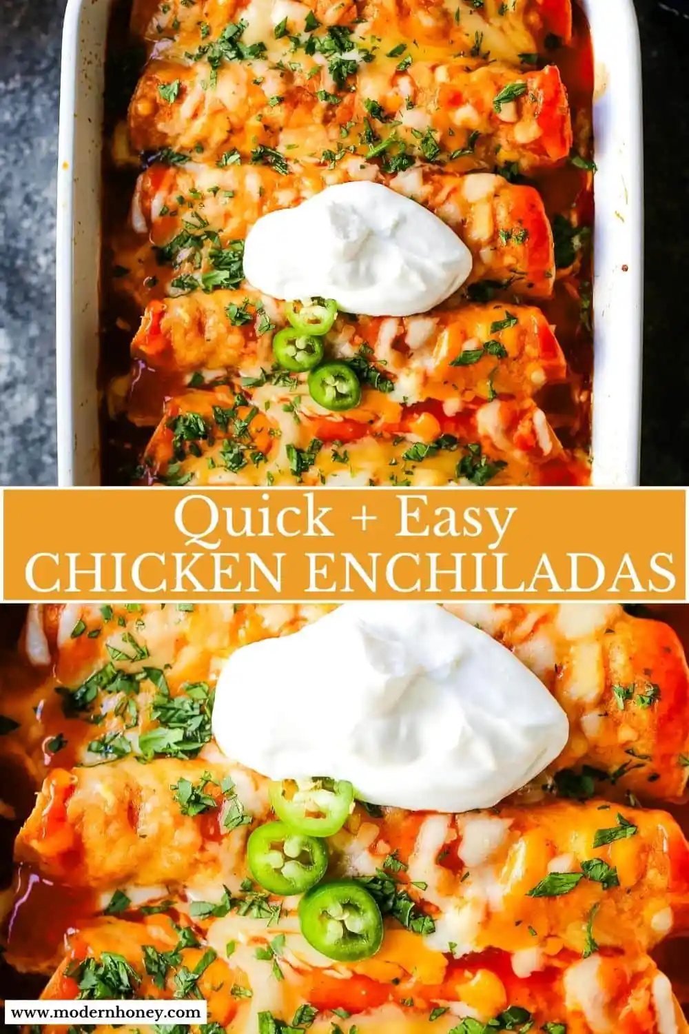 How to make Quick and Easy Chicken Enchiladas with only a few ingredients. This delicious chicken enchiladas recipe is super simple and a crowd pleaser.
