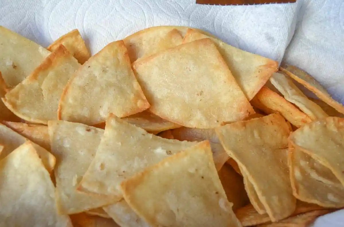 Homemade Tortilla Chips dipped in Mango Salsa