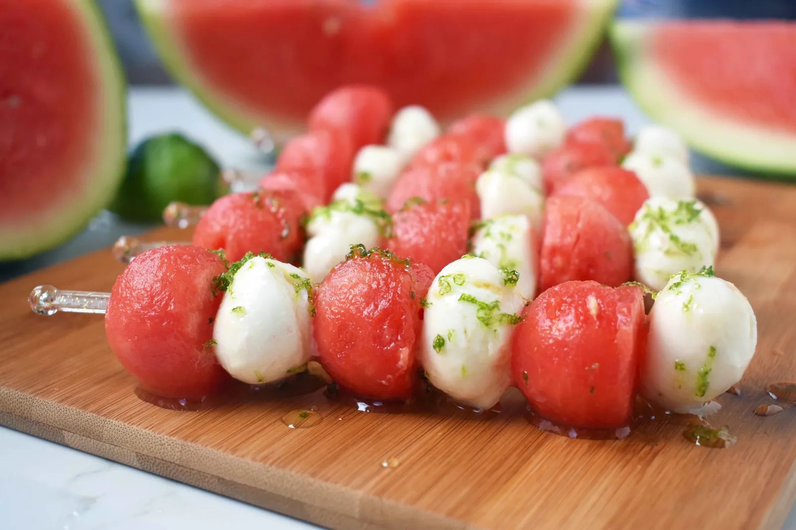 Fresh Mozzarella Watermelon Skewers with Honey Lime Drizzle
