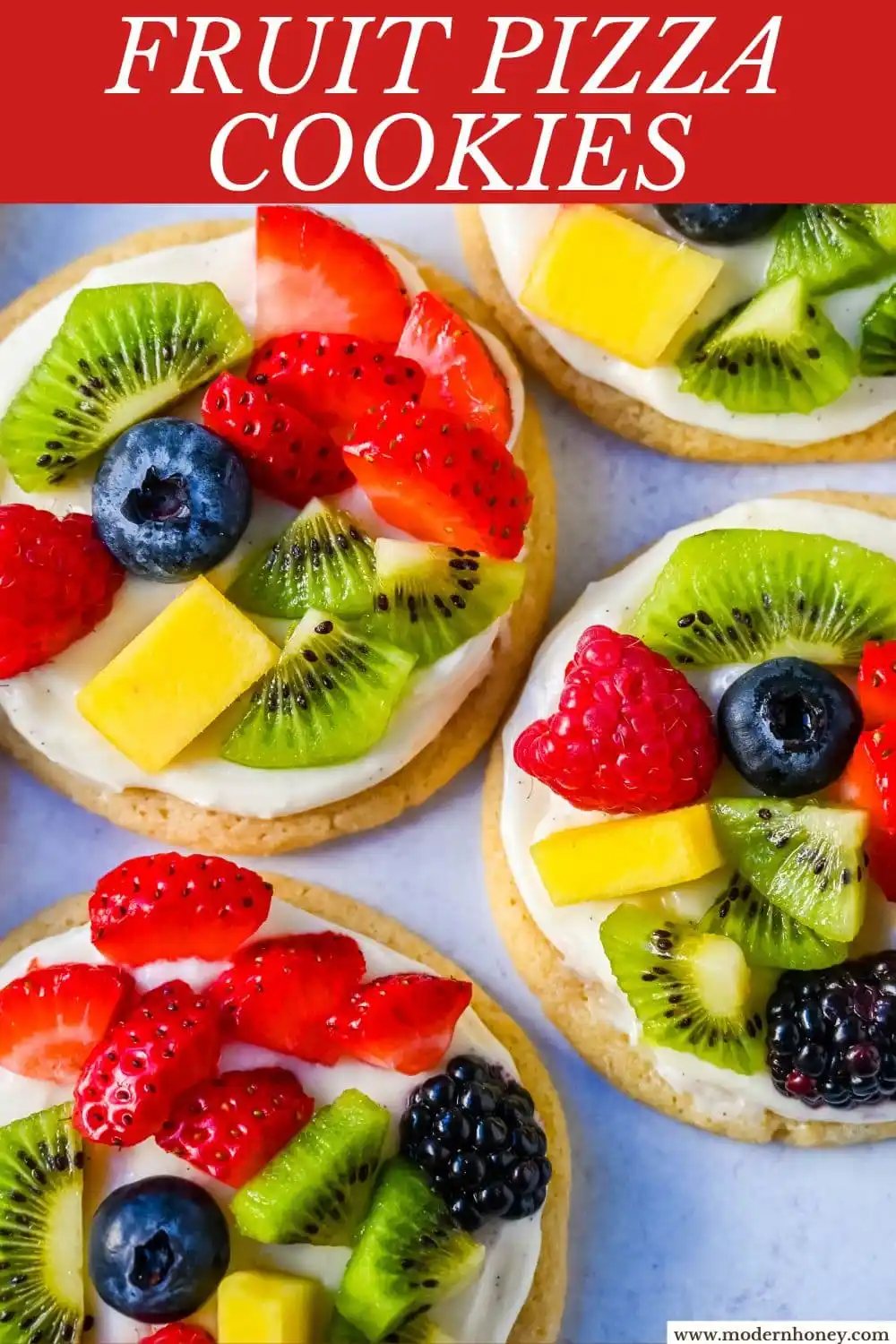 These Fruit Pizza Cookies are made with soft, chewy, buttery sugar cookies topped with a sweet cream cheese frosting and fresh fruit. These Sugar Cookie Fruit Pizzas are always a huge hit!