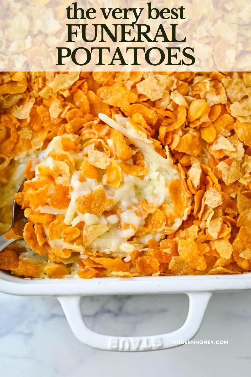 This creamy, cheesy funeral potatoes recipe is the ultimate comfort food casserole made with hash browns, sour cream, cheddar, and a rich homemade sauce. Topped with a crispy cornflake and potato chip crust, it’s perfect for Easter, potlucks, and family dinners. Learn how to make the best funeral potatoes from scratch -- no canned soup needed.