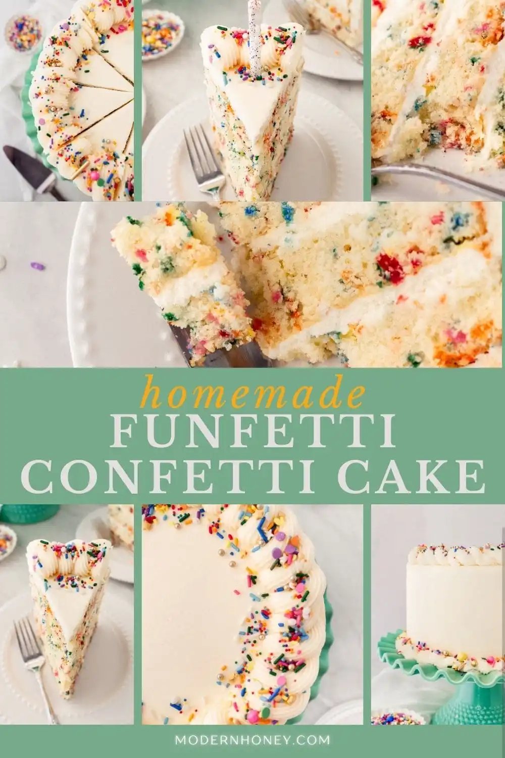 A fluffy homemade Funfetti birthday cake with rainbow sprinkles topped with a light cream cheese buttercream frosting and an array of sprinkles. This Confetti Cake recipe is the perfect birthday cake!
