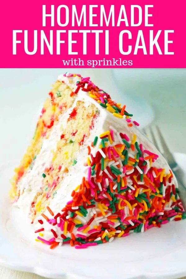 A fluffy homemade funfetti birthday cake with rainbow sprinkles topped with a light cream cheese buttercream frosting and an array of sprinkles. The perfect birthday cake! www.modernhoney.com #funfetti #funfetticake #sprinklescake #homemadefunfetticake #cake #homemadecake