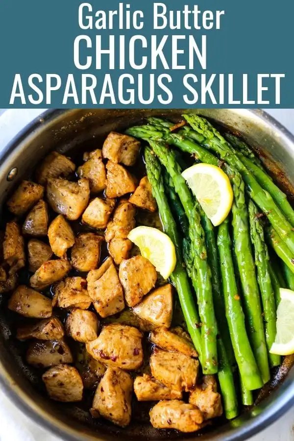 Garlic Butter Chicken and Asparagus Skillet A quick and easy one skillet dinner made with sautéed chicken and asparagus tossed in garlic butter. www.modernhoney.com #chicken #skilletdinner #chickendinner