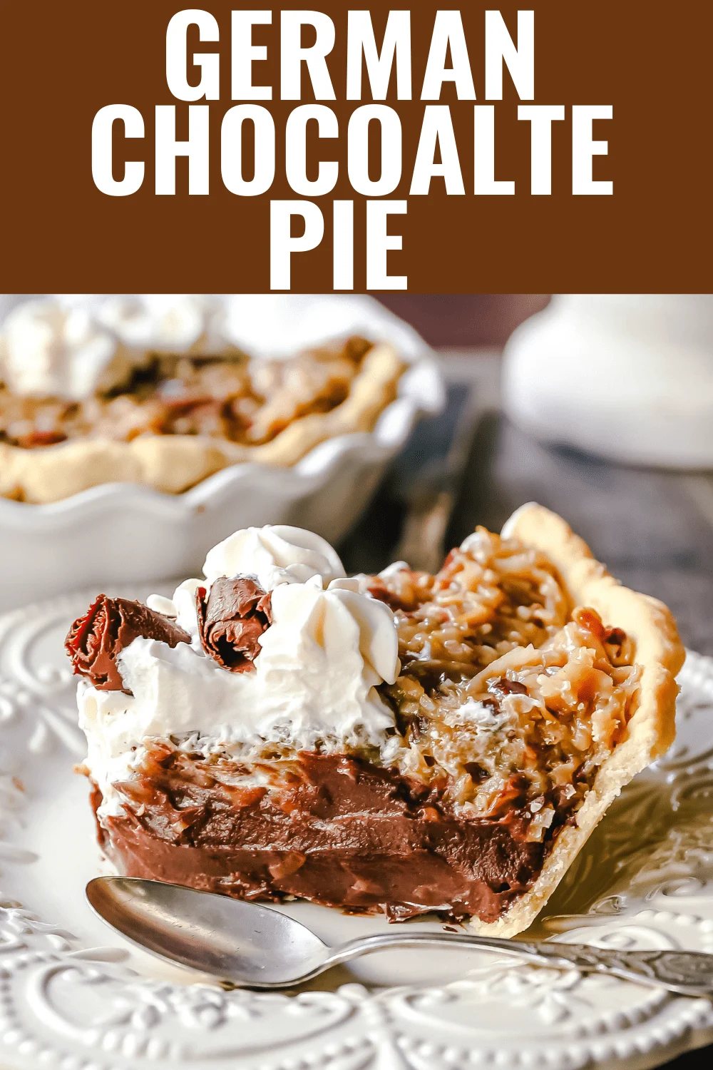 German Chocolate Pie. Creamy rich chocolate pie with a sticky German chocolate coconut-pecan topping and fresh whipped cream and chocolate shavings. www.modernhoney.com #pie #chocolatepie #germanchocolate