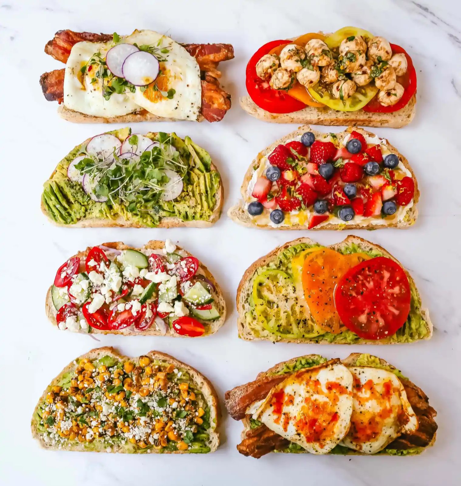 Avocado Toast, Avocado Toast with Egg, Ricotta Toast, Avocado Toast with Bacon, Avocado Toast with Tomato.Gourmet Toast Ideas are perfect for quick lunches or for serving at a party. Avocado Toast topping ideas and suggestions for what to put on top of avocado toast.