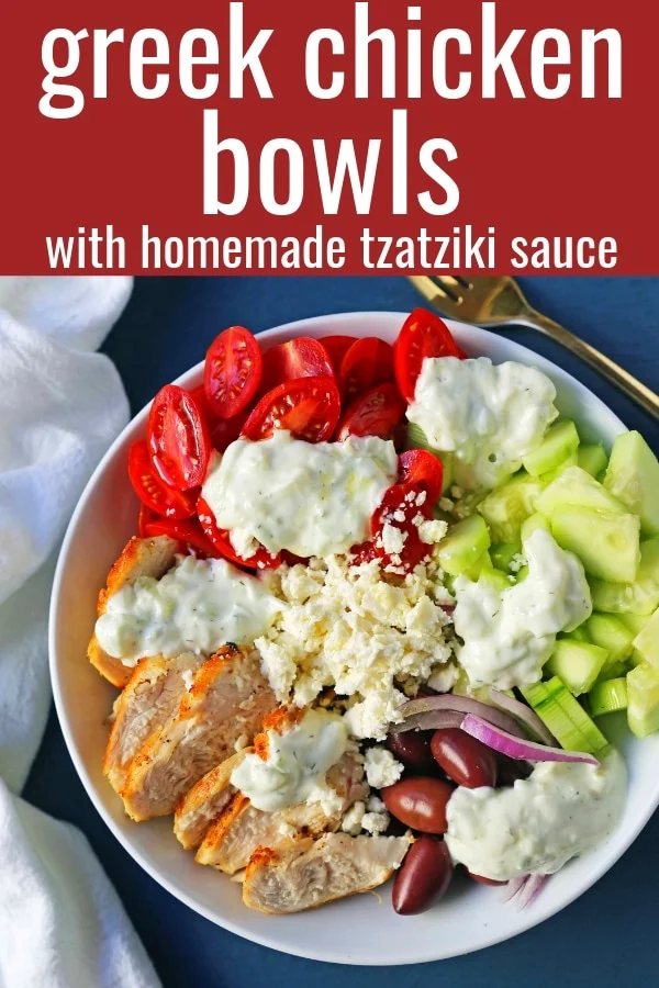 Greek Chicken Bowls. Grilled Greek Lemon Chicken, cucumber, tomatoes, red onion, kalamata olives, feta cheese, and homemade tzatziki sauce all in one bowl. A high-protein and low carb meal! www.modernhoney.com #greekchickenbowls #greekchickenbowl #greekfood #glutenfree