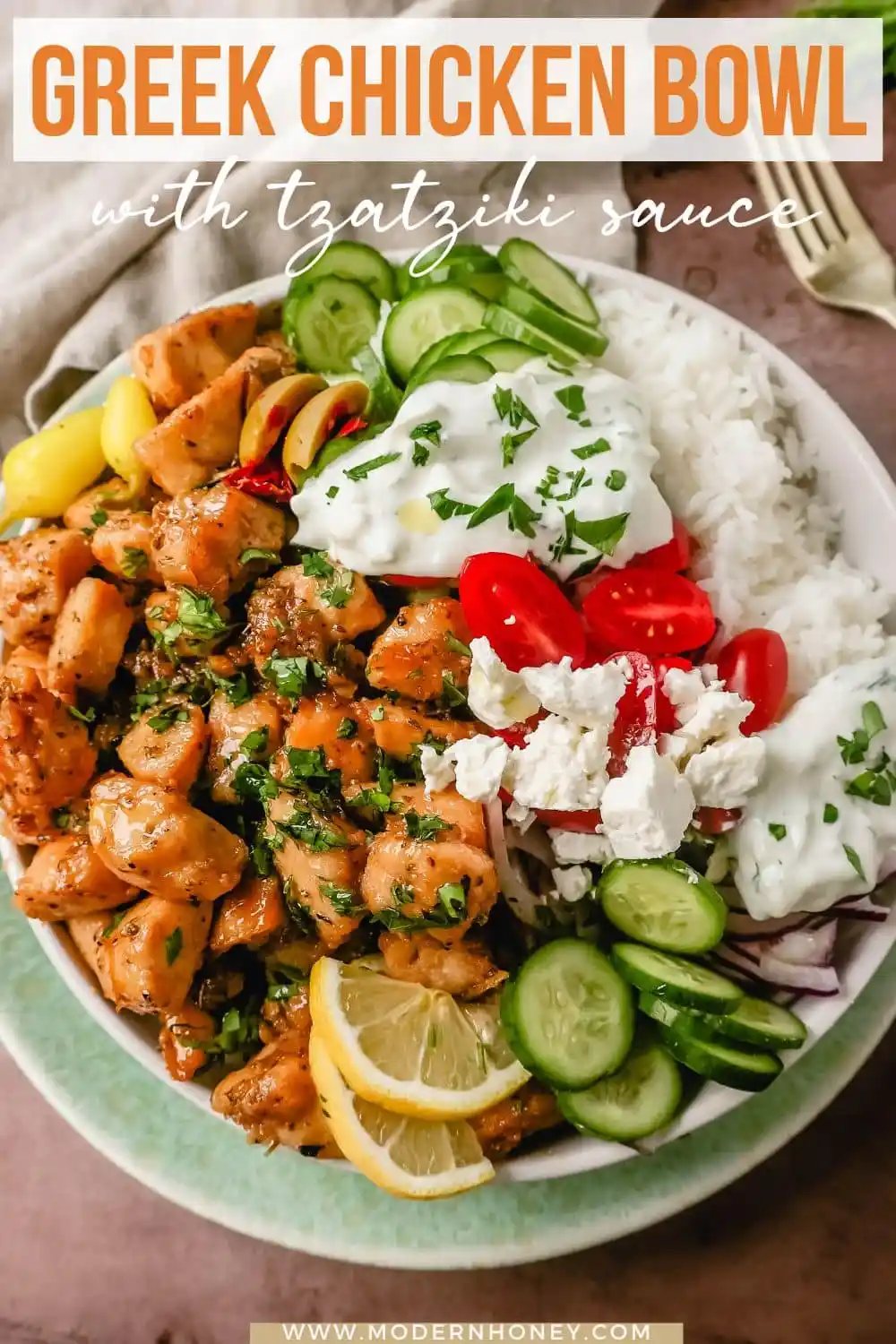 How to make the Best Greek Chicken Bowls. Grilled Greek Lemon Chicken, cucumber, tomatoes, red onion, kalamata olives, feta cheese, and homemade tzatziki sauce all in one bowl. A high-protein and low-carb meal!
