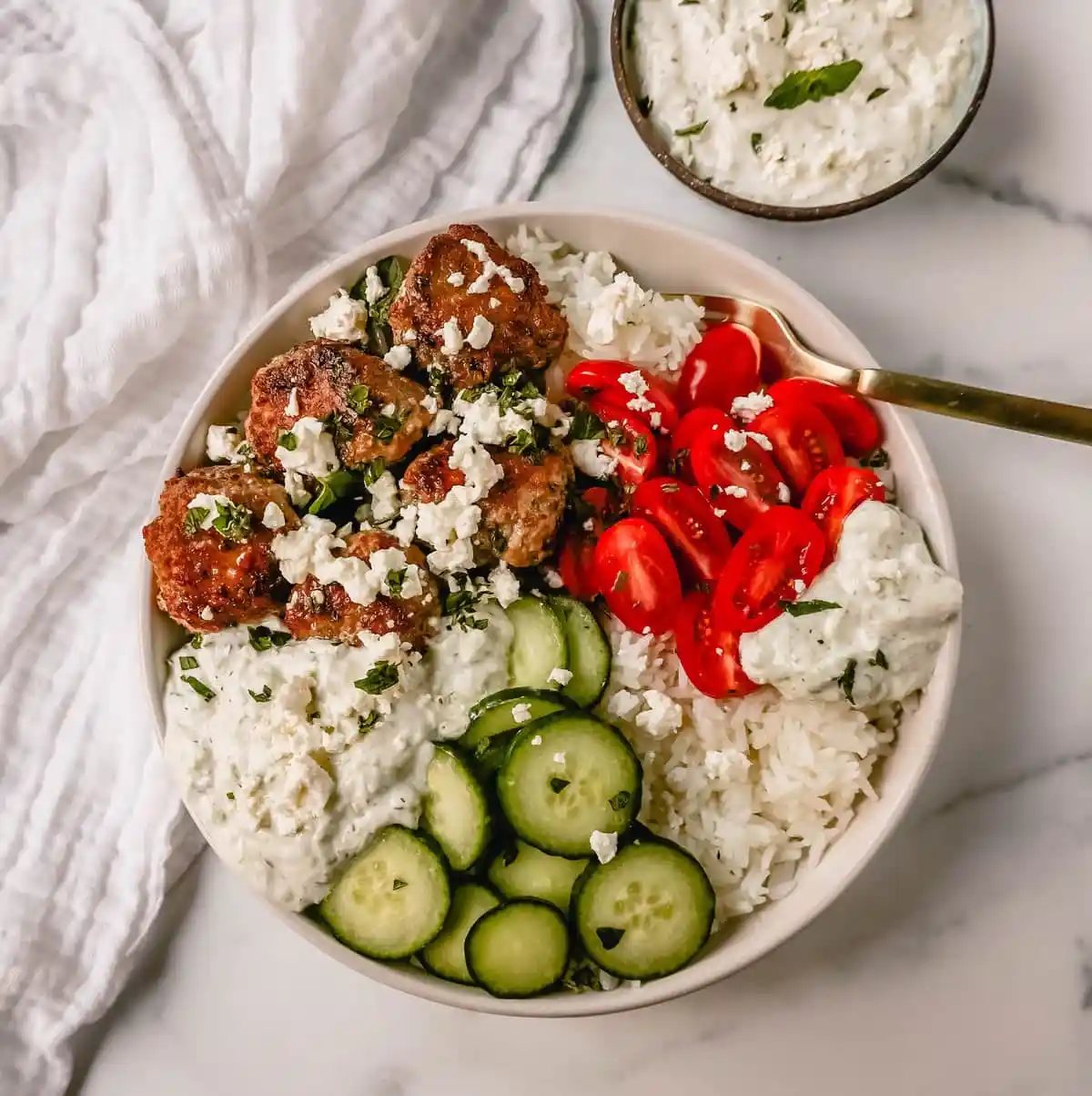 Greek Chicken Meatballs Bowls with Tzatziki Sauce