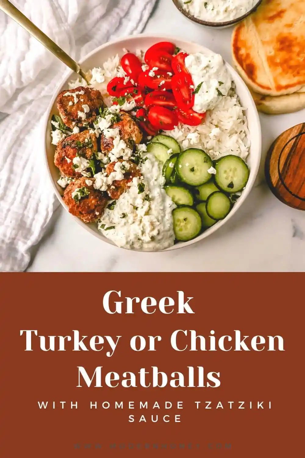 Greek Chicken Meatballs are moist and flavorful without any fillers...just spices and herbs. These Greek Turkey Meatballs are served with homemade tzatziki sauce, fresh cucumbers, tomatoes, and rice.