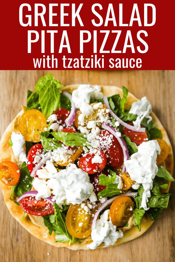 Greek Salad Pita Pizzas Soft pita bread topped with creamy hummus, romaine lettuce, juicy grape tomatoes, feta cheese, red onion, cucumber, and a homemade fresh tzatziki sauce. www.modernhoney.com #greek #greekfood #salad #pita